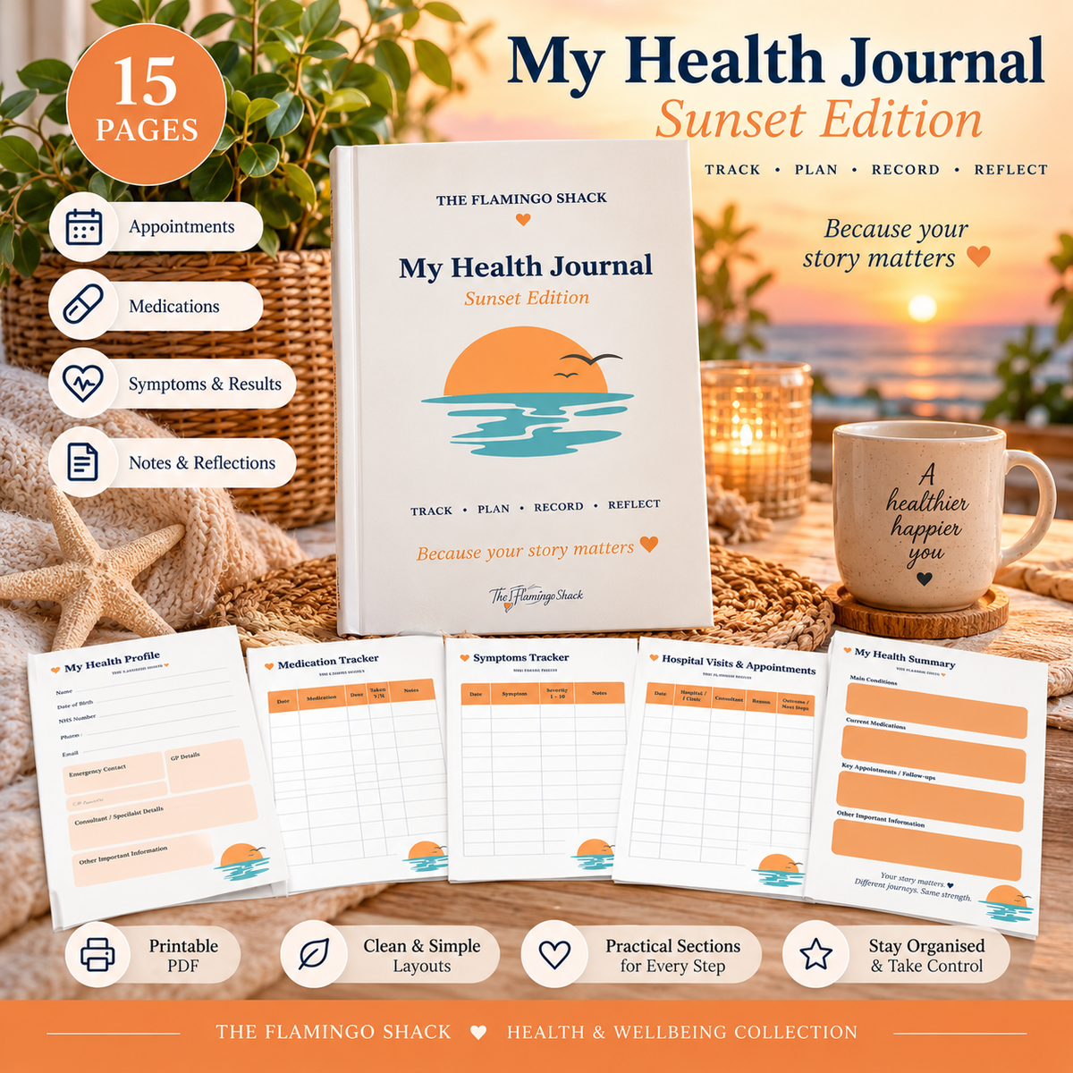 My Health Journal – Sunset Edition | Printable Digital Download